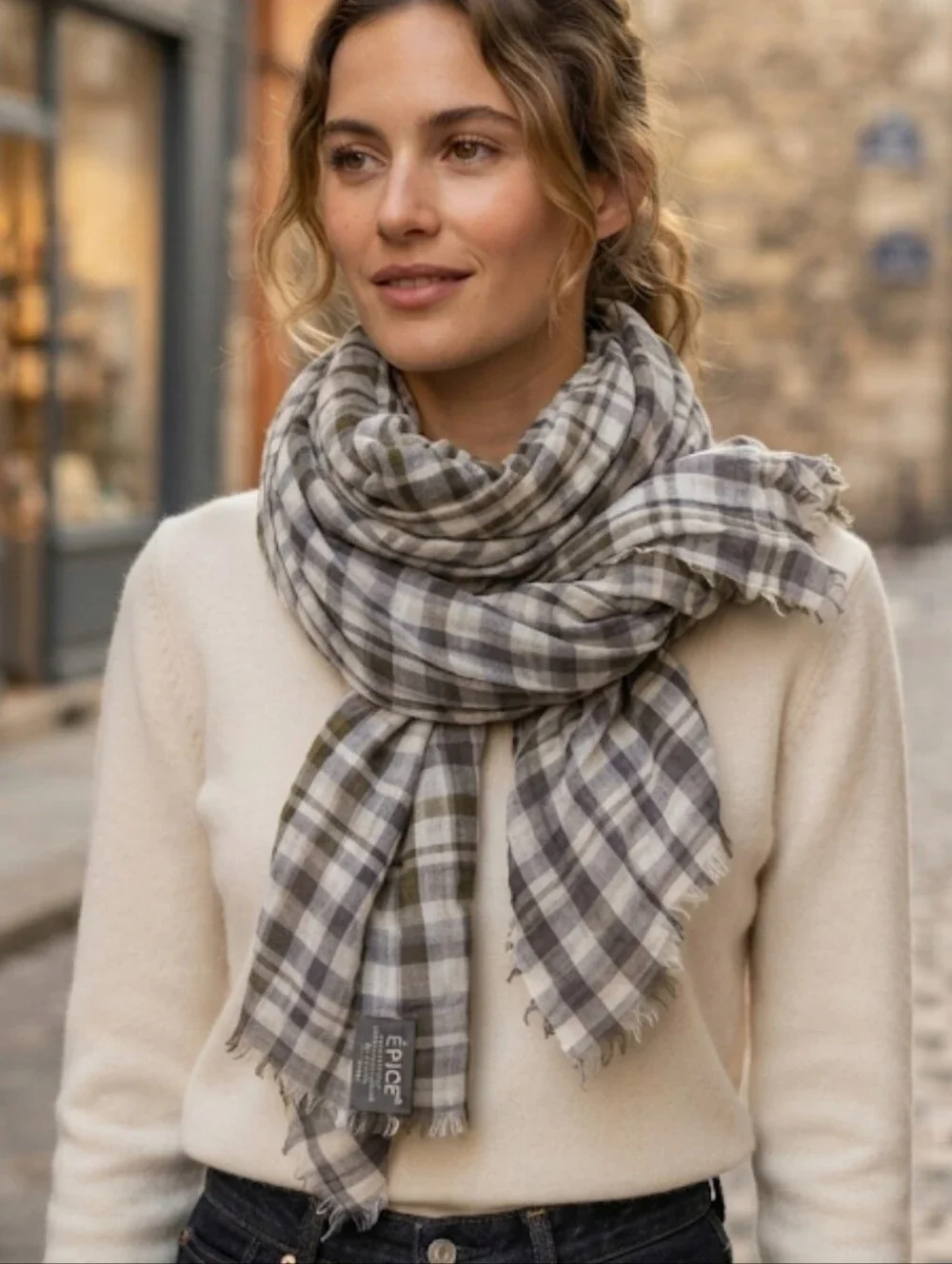 Epice  plaid/checkered stole scarf  Épice Paris.grey Off White One Size